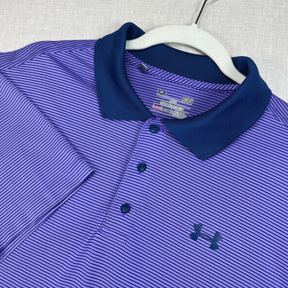 Under Armour‎ Polo Shirt M Large Purple Striped HeatGear Loose Fit Short Sleeve